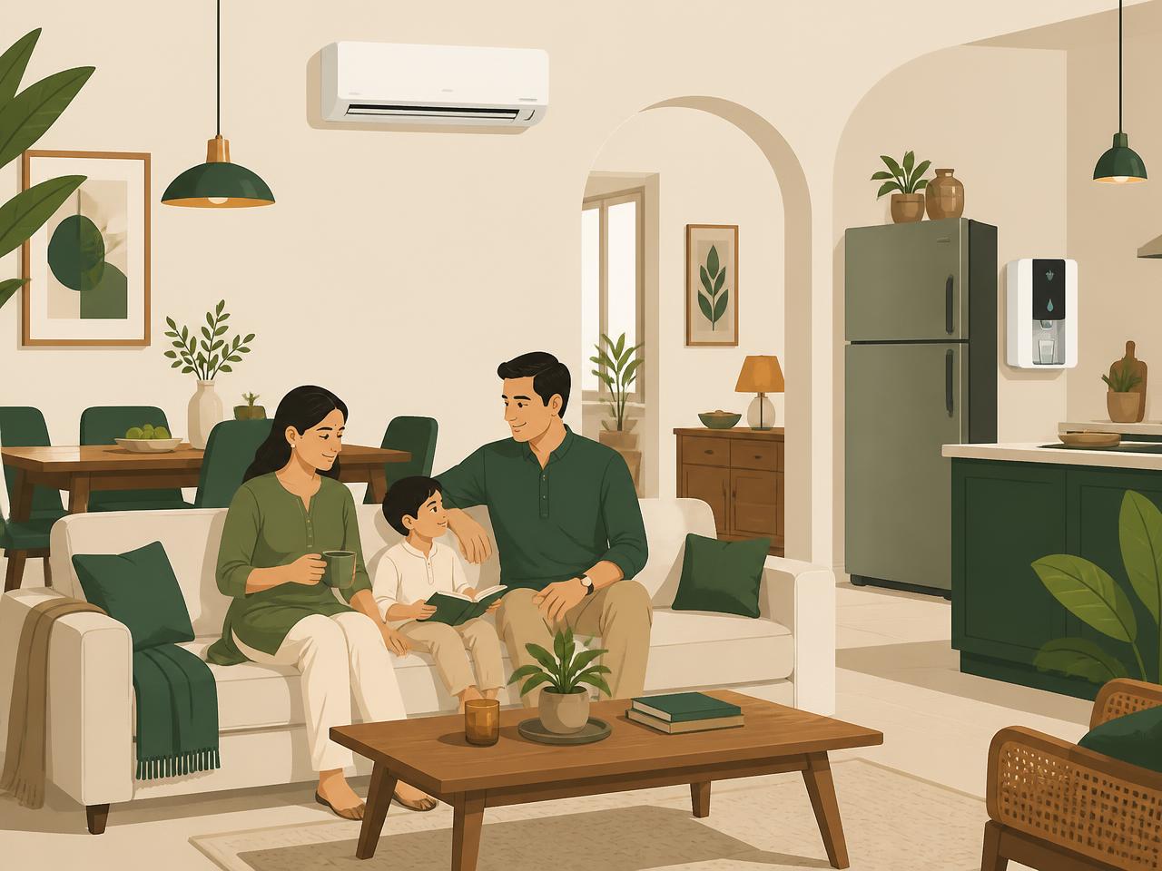 A family relaxing at home with their air conditioner, refrigerator and water purifier